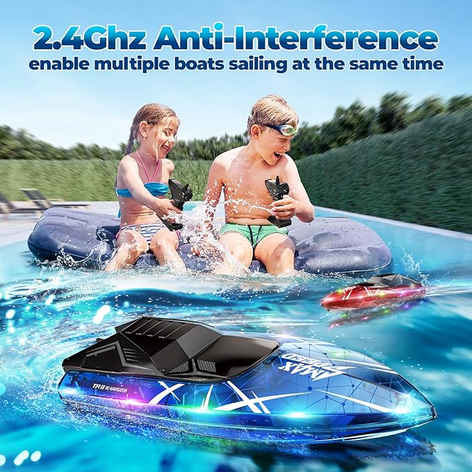Remote Control Boat for Kids, 2Pack RC Boats with LED Lights for Pools Lakes River & Bathtub, 2.4Ghz Control, Whole Body Waterproof, 2 Rechargeable Batteries Summer Water Toys