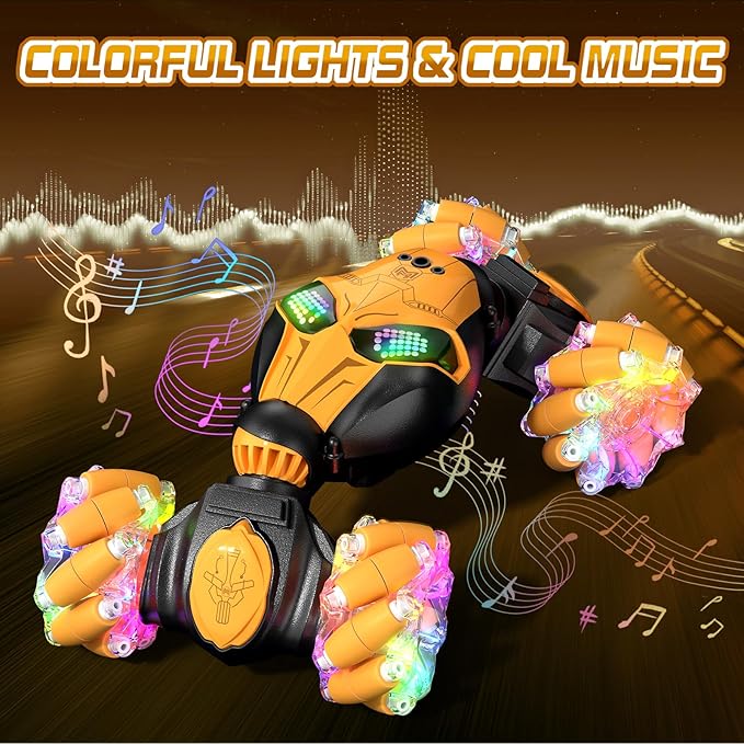 Axirata Gesture Sensing RC Stunt Car with Lights & Music for Kids 6-12 Year Old 4WD 2.4GHz Hand Controlled Remote Control Car 360° Rotation Off-Road Toy Car Gift for Boys Girls（Yellow）