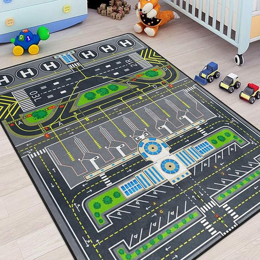 Kids Rug, Aircraft Runway Traffic System Playmat Rugs - 5x7 Ft Kids Carpet with Rubber Backing, Airplane Tarmac Airport Play Mat Great for Bedroom Playroom - Non-Slip Have Fun Safe Nursery Rug