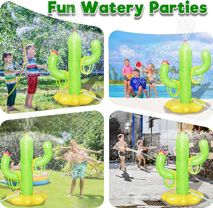 Sprinkler for Kids, Inflatable Cactus Water Toys for Boys Girls, Summer Outdoor Game with 4 Rings, Backyard Water Sprinkler Spray Toy Fun Gifts for Children Ages 3 4 5 6 Years and Up