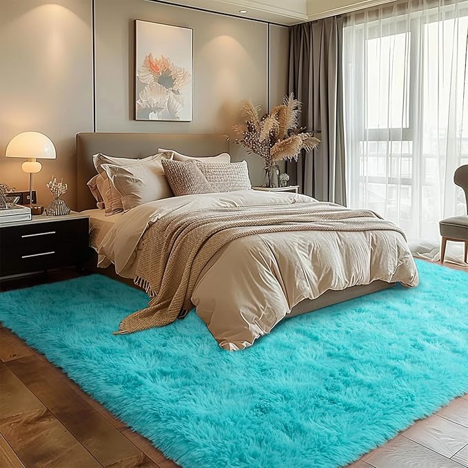 Super Fluffy Area Rug for Bedroom, Modern Shag Teal Blue Area Rugs, Soft Plush Small Carpet for Kids,Girls Boys and Teens Decorations for Living Room Dorm Nursery Classroom, 4x6 Feet Teal Blue