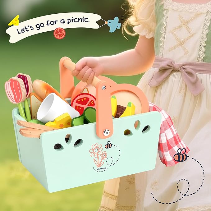 Wooden Toy Picnic Playset, 31 Pcs Wooden Play Food Sets for Kids Pretend Play Cutting Food Toys Toddlers Play Kitchen Accessories Gift for Girls Boys Age 3+