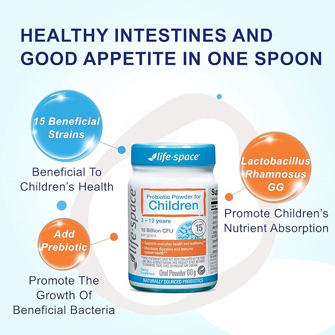 Life-Space 60 Grams, for Children 3-12 Years,10 Billion CFU & Multi Strain, Improve Appetite for Relieve Picky, Boost Digestive Health & Immune, No Refrigeration, Probiotic Powder for Children