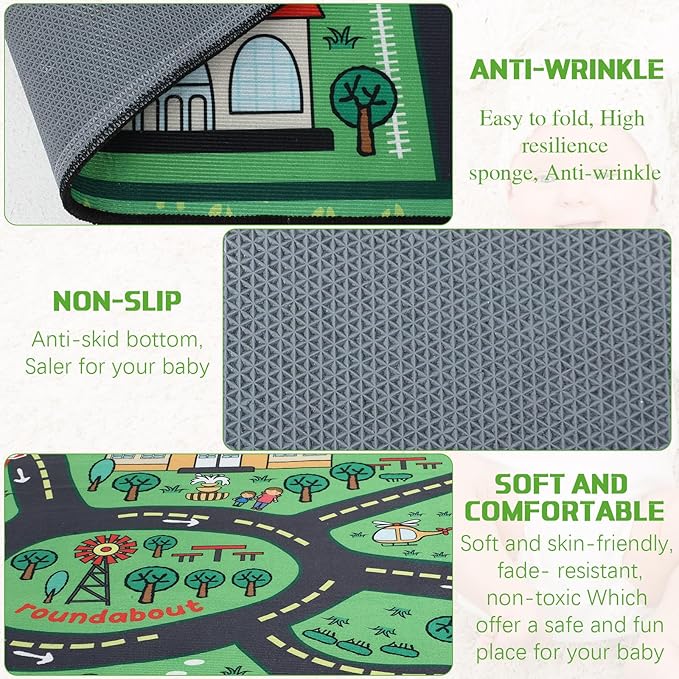 Kids Carpet Playmat Rug 6 x 9 ft Player Car Rug, City Life Traffic Road Map Mat Educational Game Area Mat for Toddler Children Playroom Classroom Bedroom(Green)