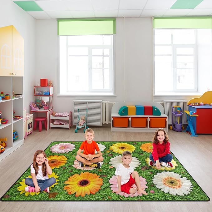 Classroom Carpets, Green Grass & Flowers Kids Playmat Rugs - 5x7 Ft Kids Carpet with Rubber Backing, Seats-12 Floral Classroom Seating Rug Play Mat Nursery Rugs for Children Bedroom School Elementary