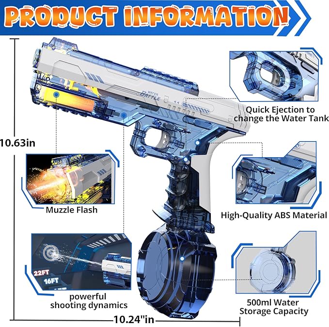 Skirfy Electric Water Gun with Realistic Gun Muzzle Flash for Kids Adults,High Powered Waterproof Water Pistol with High Capacity,Ideal Outdoor Swimming Pool Beach Toys-Blue