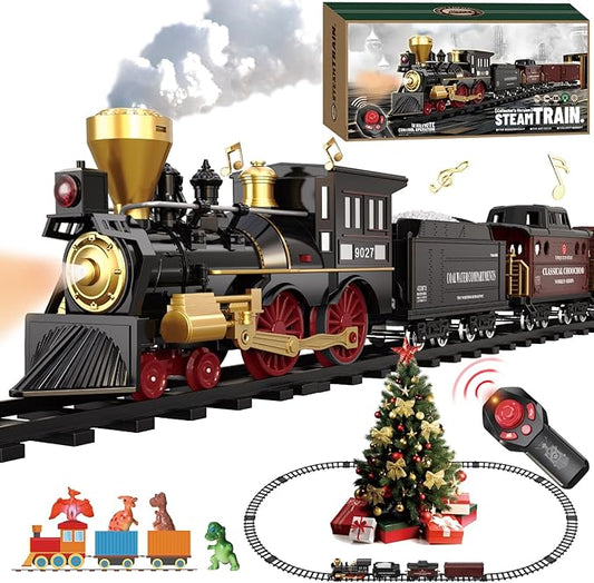 Remote Control Train Set for Kids Electric Steam Engine Locomotive, Cargo Car & Tracks,Trains w/Realistic Smoke,Sounds & Lights,Rechargeable Birthday Gifts for 3 4 5 6 7+ Years Old Boys Girls … …