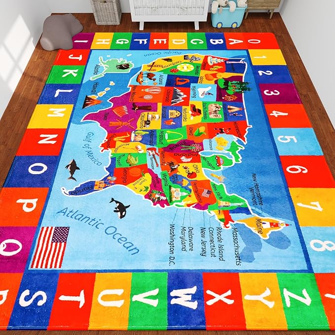 USA Map ABC Kid Rug 47x70.9IN for Playroom & Classroom - Fluffy, Non-Slip, Educational Baby Playmat with Alphabet Design