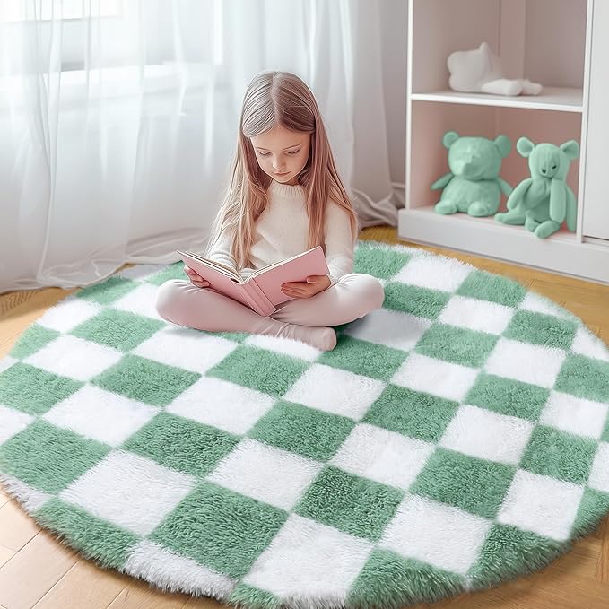 KICMOR Round Rug 4ft for Bedroom, Fluffy Soft Circle Area Rug Cute Small Living Room Carpet, Sage Green and White Fuzzy Shag Shaggy Checkered Circular Rugs for Kids Room Nursery Home Decor Aesthetic