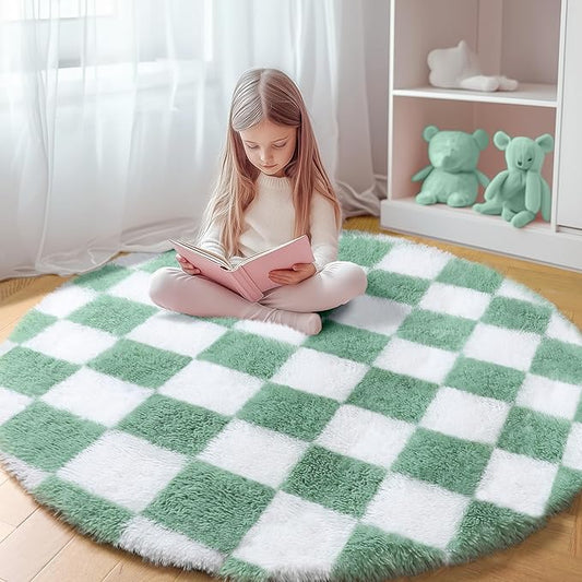 KICMOR Round Rug 4ft for Bedroom, Fluffy Soft Circle Area Rug Cute Small Living Room Carpet, Sage Green and White Fuzzy Shag Shaggy Checkered Circular Rugs for Kids Room Nursery Home Decor Aesthetic