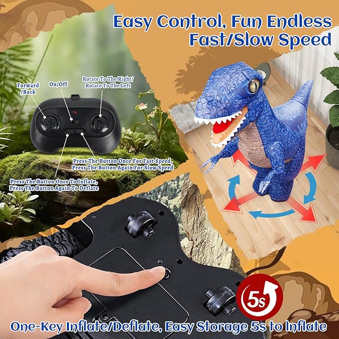Dinosaur Inflatable Remote Control Toy for Kids, Electric Dinosaur Toy with 360°Rotation, Rechargeable T-Rex RC Walking Car for Boys & Girls, Christmas Birthday Gifts for Kids Age 6-12