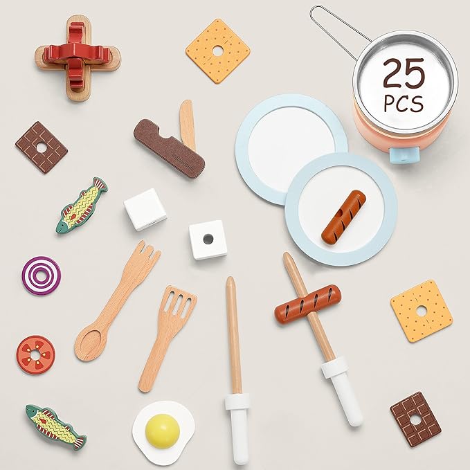 Wooden Camping Toys, Pretend Play Toys Campfire with Kids Grill Playset, 25pcs Kids Play Food Toy Set, Outdoor Play Toys for Toddler Boys and Girls Ages 3+