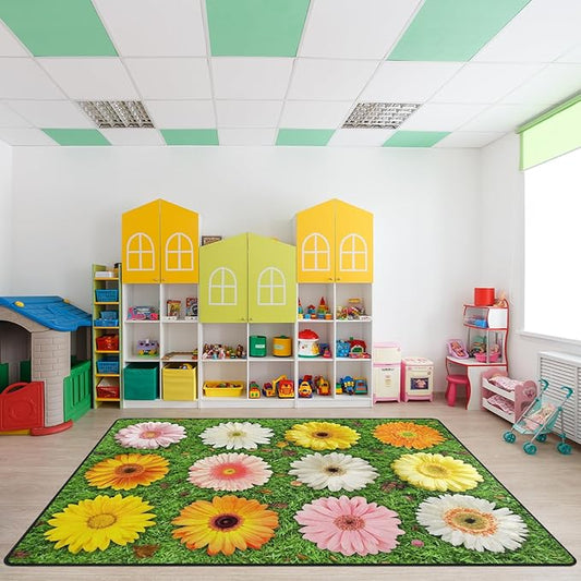 Classroom Carpets, Green Grass & Flowers Kids Playmat Rugs - 5x7 Ft Kids Carpet with Rubber Backing, Seats-12 Floral Classroom Seating Rug Play Mat Nursery Rugs for Children Bedroom School Elementary
