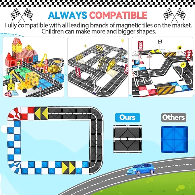 Magnetic Tiles Road Set, Magnetic Blocks Building Toys for 3+ Year Old Boys Girls, Magnet Construction Toys Preschool Educational Kids Magnet Tiles for Toddlers 3-5 4-8 (Magnetic Tiles Racing Track)