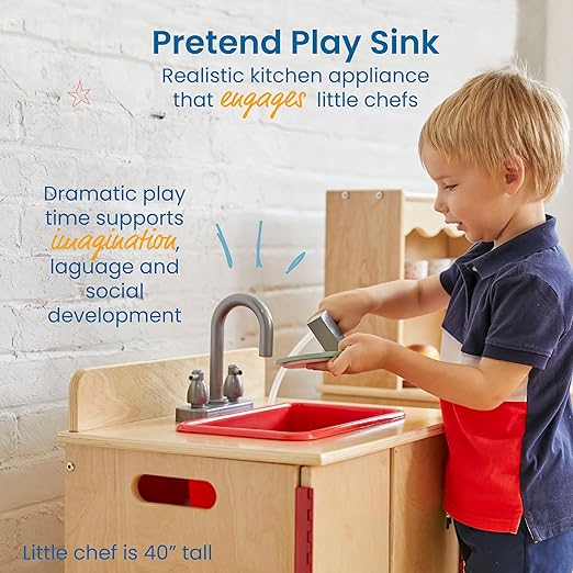 ECR4Kids Play Kitchen Sink, Wooden Playset, Natural