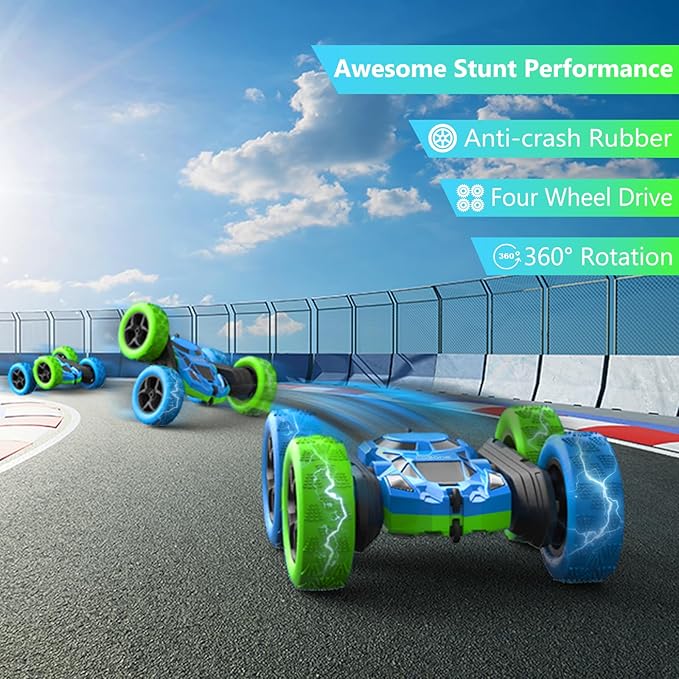 cosone Remote Control Car Toys for Boys - 4WD 2.4Ghz Double Sided 360° Rotating All Terrain RC Cars with Cool Lights, Kids Birthday for Boys-Blue&Green