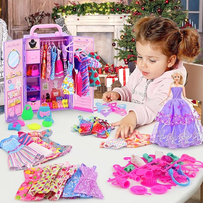 Ecore Fun 108 Pcs Doll Clothes and Accessories with Purple Doll Closet for 11.5 Inch Girl, Includes Party Dresses, Fashion Outfits, Swimsuits, Shoes, Hangers, Bags, Necklaces