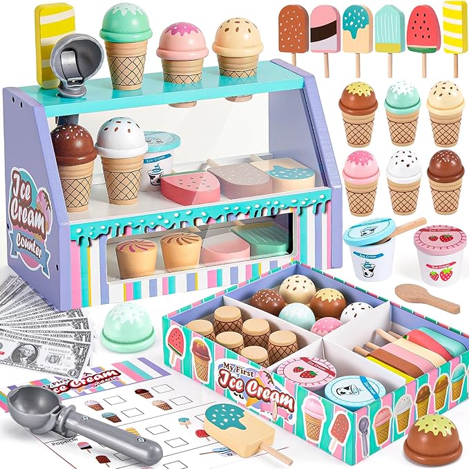 Toyssa Wooden Ice Cream Toys Play Set for Toddlers 3-5, Pretend Play Store Kids Kitchen Accessories with Scoop & Menu & Play Money, Christmas Birthday Gifts for Girls Boys 3 4 5 6 Year Old