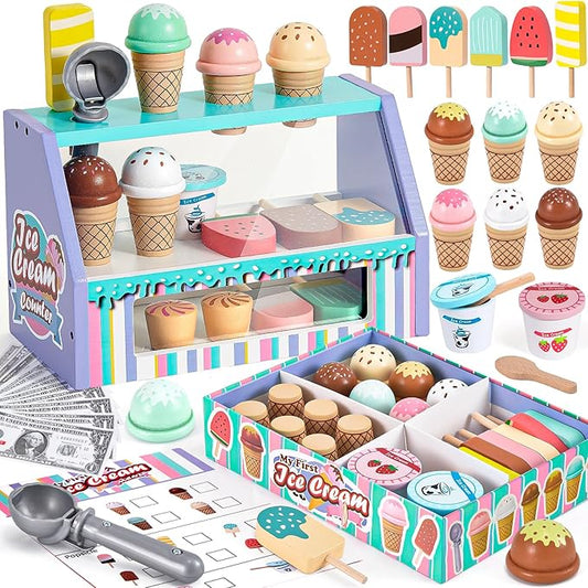 Toyssa Wooden Ice Cream Toys Play Set for Toddlers 3-5, Pretend Play Store Kids Kitchen Accessories with Scoop & Menu & Play Money, Christmas Birthday Gifts for Girls Boys 3 4 5 6 Year Old