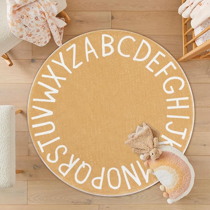 Topotdor Round Kids Play Rug Alphabet Nursery Area Rug Extra Large Soft Crawling Play Mat for Children Toddlers Bedroom (47 inch, Brown)