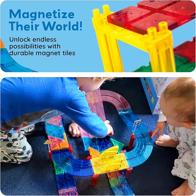 PicassoTiles Magnetic Race Track Toys Car Tracks Set for Toddlers Magnet Building Blocks Tiles Sensory Toys for Kids Include 2 Trucks STEM Engage in Thrilling Races Age 3+ Year Old Boys Girls