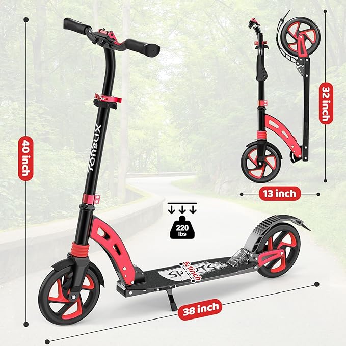 TONBUX Kick Scooter for Ages 6+, Dual Suspension Kids Scooter with Lightweight Aluminum Frame, Adjustable Handlebar Scooters for Kids, Teens and Adults