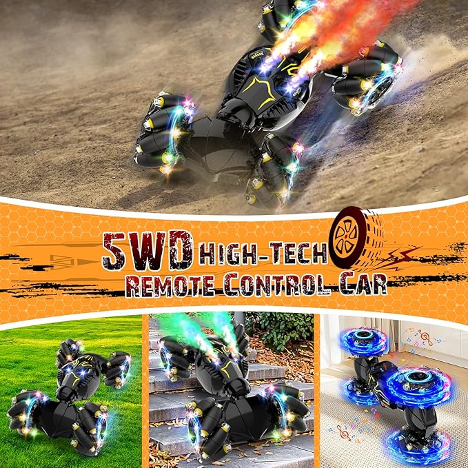 Remote Control Stunt Car Toys: Christmas Birthday Gifts for Boys Toys Ages 6-12 - 2.4Ghz Gesture Sensing Remote Control Cars with Light and Music Spray - 8WD Drift 360° Rotating RC Car for 7-14 Kids