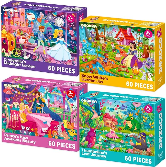 QUOKKA Puzzles for Kids Ages 4-6 – 4-Pack 60-Piece Puzzles for Kids – Fairy Tale Jigsaw Puzzle Set – Toddler Puzzles Ages 4-6 – Educational Learning Toys – FSC Certified – Gift for 5 Year Olds