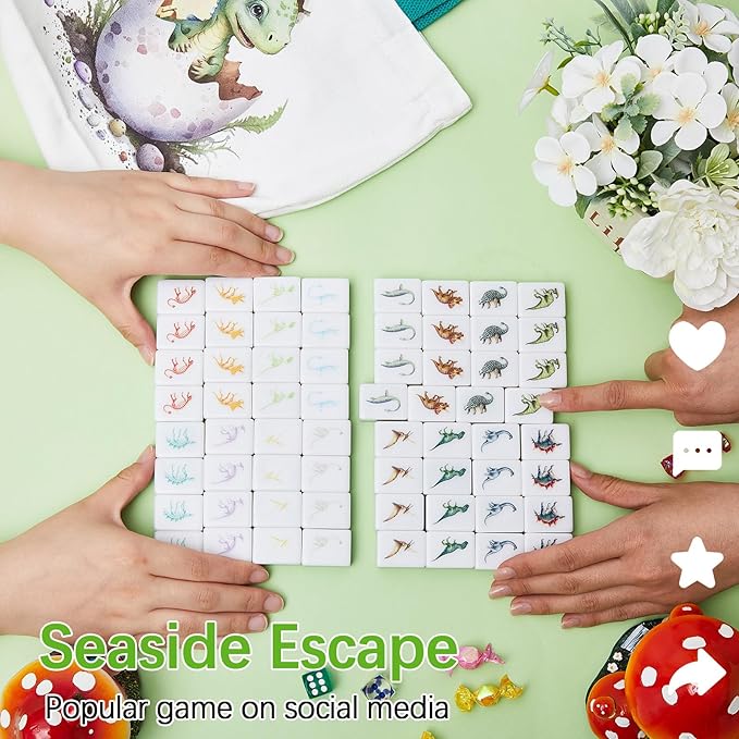 65 Tiles 30 mm Dinosaur Mahjong Game Blocks Set Push Tiles Blocks with Dinosaur Skeleton Pattern and Bag No DIY Required for Family Game Gift