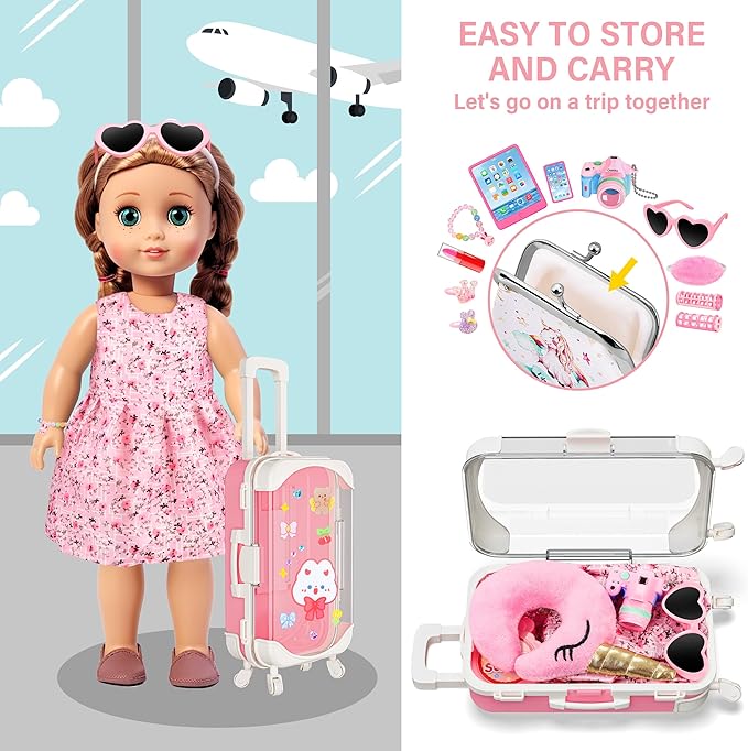 Doll Suitcase Travel Set, 18 inch Doll Clothes and Accessories - 26 Pcs Travel Pillow, Unicorn Bag, Sunglasses, Camera, Computer, Phone, Passport, Birthday Gift for Age 3 4 5 6 Year Old Girls