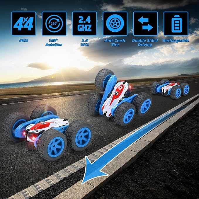 Remote Control Car, 4WD RC Cars Stunt Double Sided 360° Rotating 2 Batteries 2.4Ghz RC Truck with Headlight Birthday Gift for Boys 3 4 5 6 7 8 Year Old