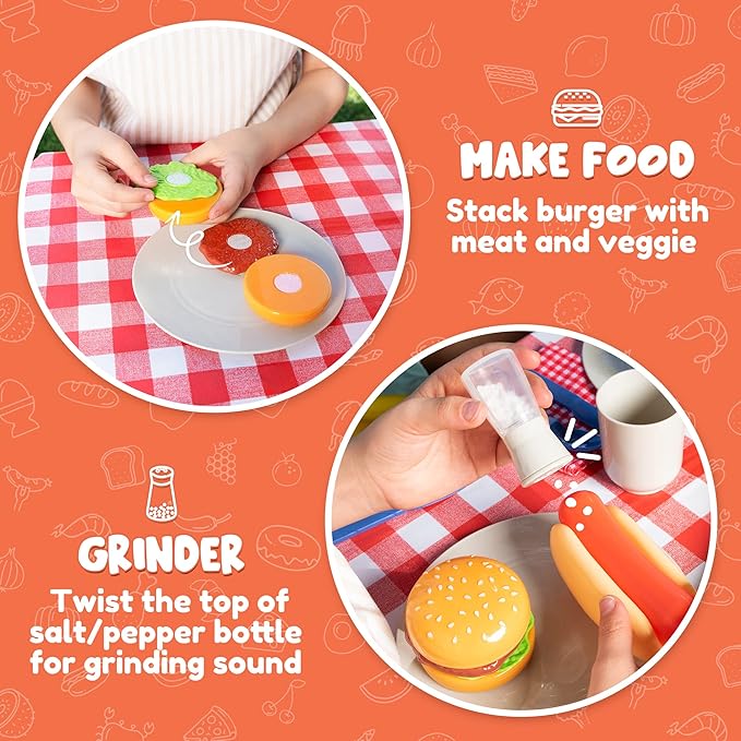 JOYIN 34 PCS Kitchen Toy Set, BBQ Play Grill, Cooking Toy Set, Little Chef Play, Kids Grill Playset Interactive BBQ for Kids with Light & Sound, Birthday Gift for Boys Girls