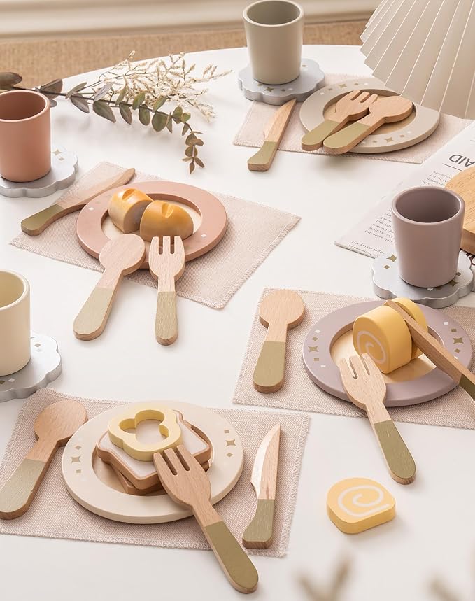 ROBUD 4-Set Wooden Play Dishes Set - Montessori-Inspired Play Food Accessories for Kids, Pretend Play Kitchen Set for Toddlers, Role Play Gift for Boys and Girls