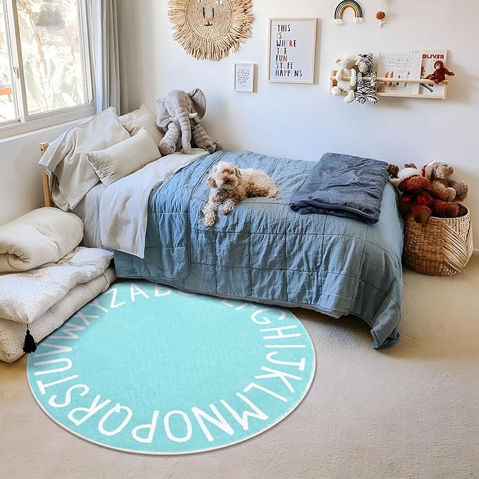 Topotdor Round Kids Play Rug Alphabet Nursery Area Rug Extra Large Soft Crawling Play Mat for Children Toddlers Bedroom (47 inch, Teal)