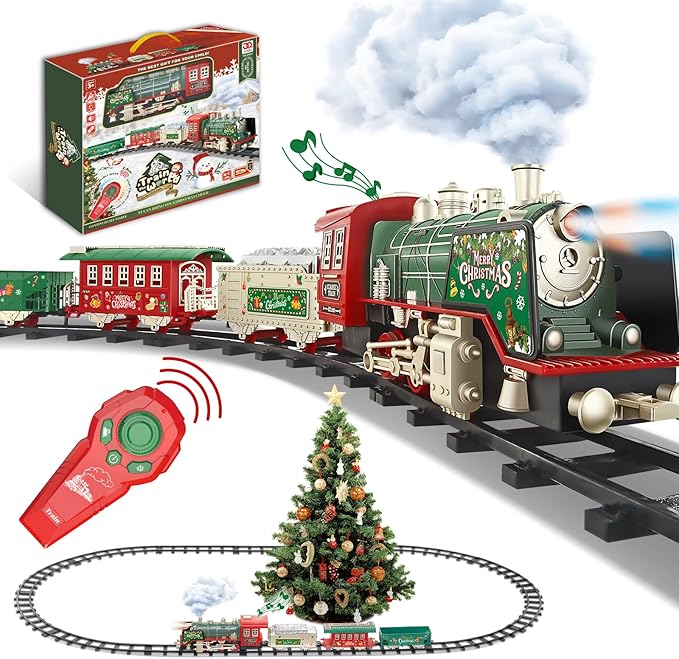 JUQU Christmas Train Set with Remote Control, Smoke, Whistle & Lights, Perfect for Around the Tree, Boys' Toy Train Set, Ages 3-8