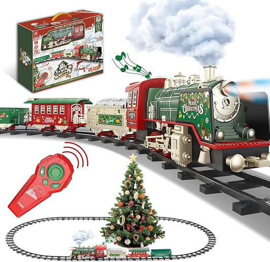 JUQU Christmas Train Set with Remote Control, Smoke, Whistle & Lights, Perfect for Around the Tree, Boys' Toy Train Set, Ages 3-8