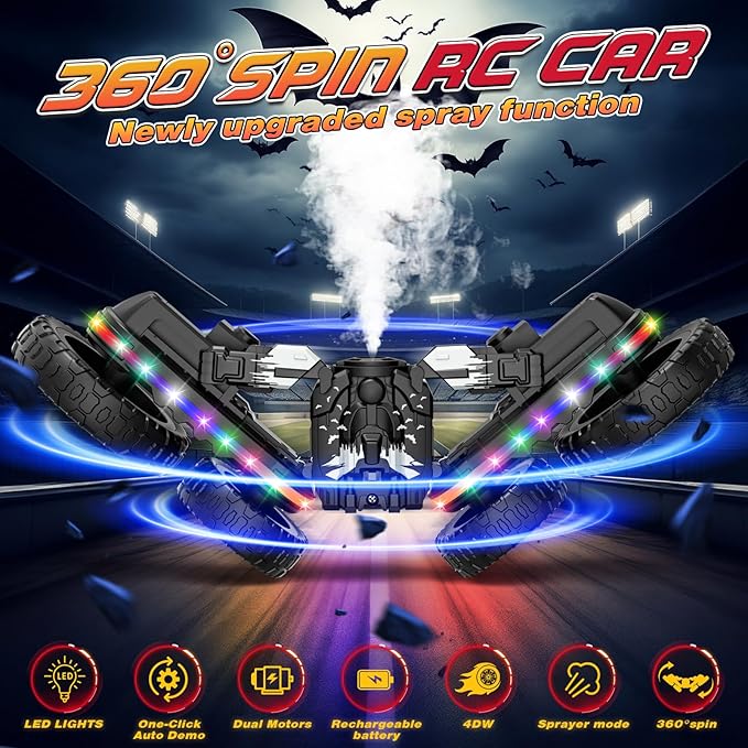 Remote Control Car,RC Cars with Sides Light and Headlights,360°Rotating 4WD Off-Road RC Stunt Car,2.4Ghz All Terrain Toy Car for Boys Age 4-7 Kids Toy for 8-12 Boys Girls Birthday Gift(Black)