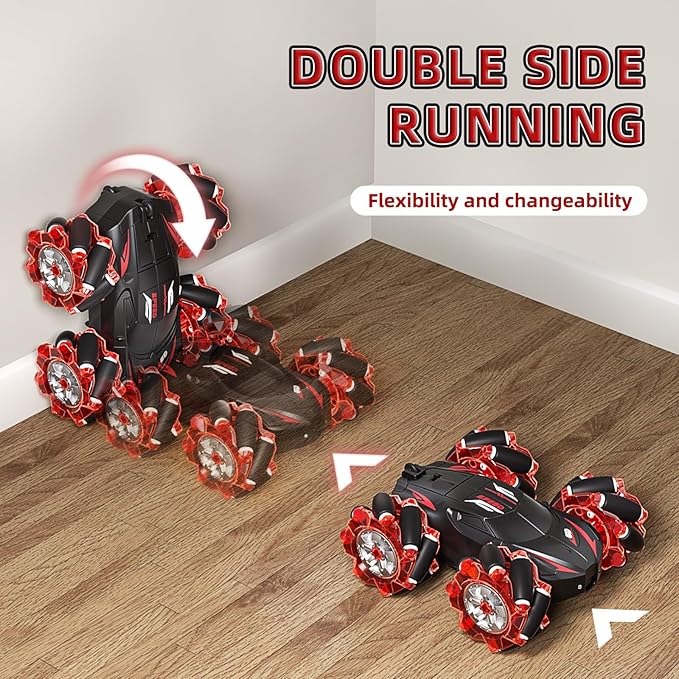 RC Stunt Car, 2.4GHz 4WD Gesture Sensing Remote Control Car with Cool Light and Music, Double-Sided 360° Flips RC Cars for Boys Age 6-12 8-12 Birthday Christmas Toy Cars(Red)