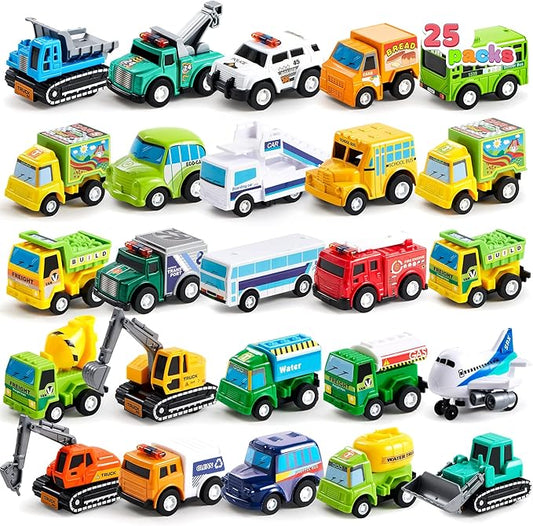 JOYIN 25 Pieces Pull Back Cars and Trucks Toy Vehicles Set for Toddlers, Girls and Boys Kids Play Set, Die-Cast Car, Kids Party Favors, Easter Stocking Stuffers, Birthday Gift