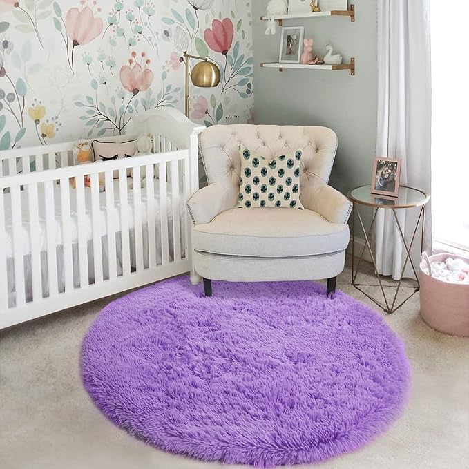 Amdrebio Purple Round Circle Rugs 6Ft for Girls Bedroom Decor Aesthetic, Large Fluffy Fuzzy Area Rugs for Kids Room, Soft Cute Furry Plush Shaggy Lavender Carpet for Living Room, Baby Nursery, Dorm