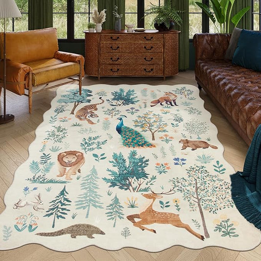 Lahome Jungle 6x9 Beige Rug, Washable Rug for Living Room Ultra-Thin Bedroom Rug Non Slip Big Dining Room Rugs, Neutral Print Indoor Low Pile Carpet for Nursery Office