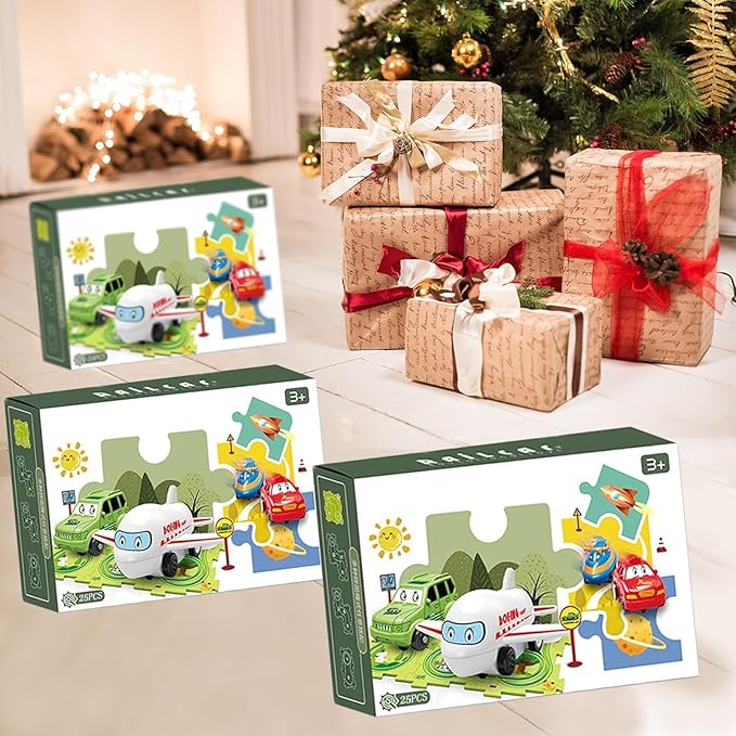 25PCS Puzzle Racer Kids Car Track Set, Land Series Jigsaw Puzzle Racer Car Play Set Preschool Gifts for Kids Christmas Birthday Gift for Boys Girls