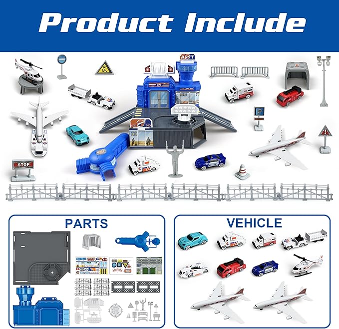 Airplane Toy Set with Trucks, Helicopter, Planes, Signs and Airport Playmat, Interactive Early Learning Toys for Boys Girls, Great Gift for Birthday