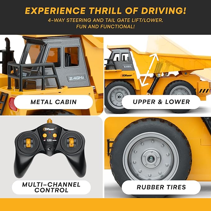 Top Race RC Remote Control Dump Truck Toy | 11" x 5.7" | Alloy Metal and Plastic 4WD with Heavy Rubber Tires - 2.4Ghz - Toy Trucks Rc Dump Truck Rc Construction Vehicles Remote Control Tractor