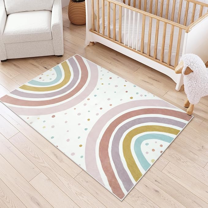 STARUIA Boho Rainbow Rug for Kids Room, 4x6 Washable Nursery Rug for Girls Bedroom Princess Castle, Soft Kids Carpet Non-Slip Area Rug for Classroom Playroom Tent