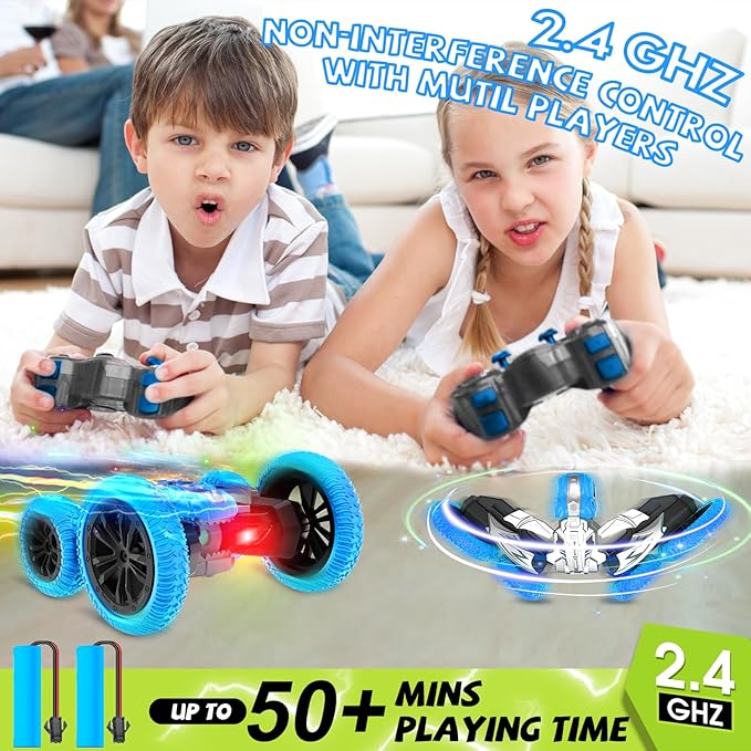 Remote Control Car, 360° Rotating RC Stunt Car with Lights and Spray, 2.4Ghz 4WD Double-Sided Driving RC Car Toys for Kids, Outdoor Dinosaur Truck Gift for Boys and Girls Age 4-7,8-12 (Blue)