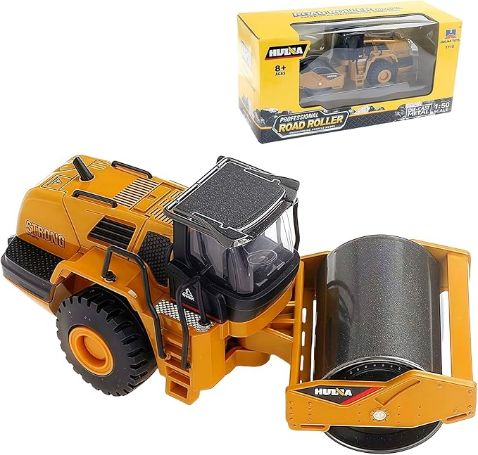 Gemini&Genius Road Roller Toy for Kids, Heavy Duty Construction Vehicle Toys 1-50 Scale Alloy Road Trucks, Car Toys Collection, Display and Play Truck for Kids (Brown)