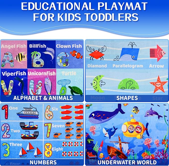 ABC Kids Rug for Playroom 47"×31.5" Ocean Playmat Baby Play Mat Alphabet Mat Sea Animal Number Shape Classroom Rug Kids Playroom Carpet Early Learning Carpet for Preschool Toddlers
