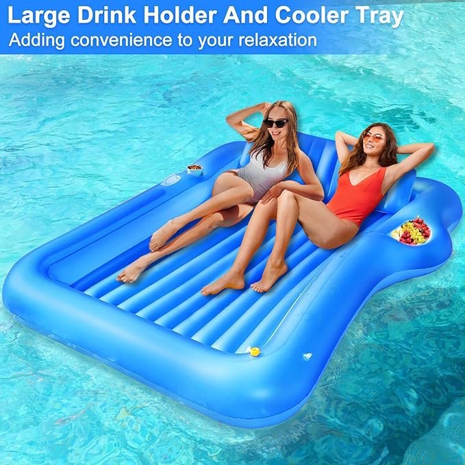 Inflatable Tanning Pool Lounger Float with Sprinkler, 83" x 63" Extra Large Pool Floats Adult with Pillow Cooler Tray, 6 in 1 Suntan Tub Raft Floatie Sunbathing Bed Water Summer Backyard Fun XL-Blue
