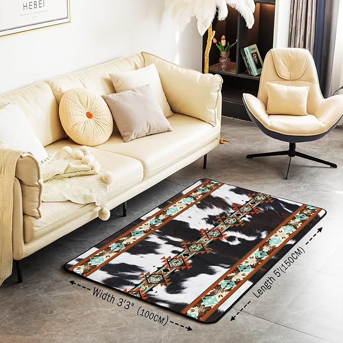 Erosebridal Cowhide Area Rug 3x5, Black and White Highland Cow Print Rug, Western Rugs Exotic Aztec Carpet for Bedside, Farmhouse Wild Animals Longhorn Skin Cowboys Decorative Rug for Men